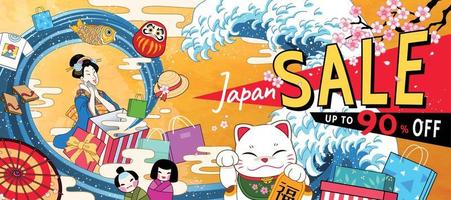 ukiyo-e Stil jährlich Verkauf Banner Design, japanisch kulturell Symbole fliegend aus von Geschenk Box entlang mit Wind Wellen, Vermögen geschrieben im Chinesisch Wort vektor