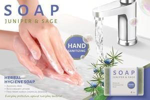 Anzeige Vorlage von Kräuter- Hygiene Seife, realistisch jung Frau schäumend Hände durch Reiben Sie zusammen unter Laufen Wasser, 3d Illustration vektor
