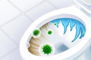 närbild se på 3d illustration toalett skål, del av den resterna gul fläckar och grön virus i bubbla flytande i de luft vektor