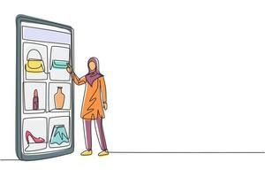 enda kontinuerlig linjeteckning ung arabisk kvinna som väljer shoppingartiklar på en gigantisk smartphoneskärm. digital livsstil med prylar koncept. dynamisk en rad rita grafisk design vektorillustration vektor