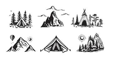 Camping Satz, Berg Landschaft, Hand gezeichnet Stil, Vektor Illustration.