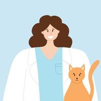 glücklich Tierarzt mit glücklich Katze Tier Pflege Vektor Illustration. eben Stil. Mädchen Tierarzt Arzt. Welt Veterinär Tag.