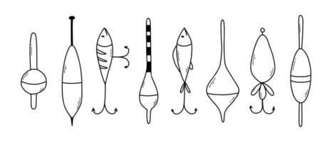 uppsättning av element för fiske.samling av tackla och lockar för fiske. vektor illustration. klotter stil. ljus uppsättning för sommar fiske.