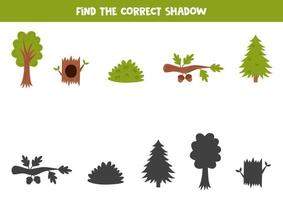 finden das richtig Schatten von süß Wald Elemente. logisch Puzzle zum Kinder. vektor