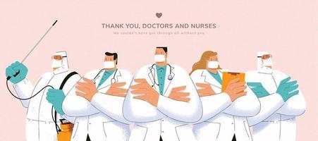 danken Sie Banner zum Ärzte, Krankenschwestern und alle das andere medizinisch Arbeitskräfte Wer schützen und nehmen Pflege von uns während covid-19 Pandemie vektor