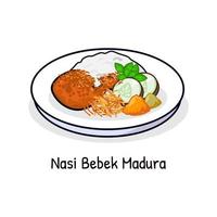 nasi bebek oder würzig gebraten Ente Reis mit schwarz Sambal traditionell Essen von Madura Insel Indonesien vektor