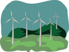 vektor bild av en vind bruka i de fält. blå himmel, grön gräs och väderkvarnar, vindkraftpark, freee energi,