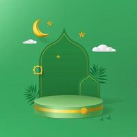 islamisk minimal cylinderplattform i grön bakgrund för ramadan med blad, gyllene halvmåne, stjärnor. 3D-podium för produktvisning, presentation, scen, bas vektor
