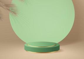 Minimales Zylinderpodest 3d im cremefarbenen und grünen Hintergrund mit Gold und Blatt