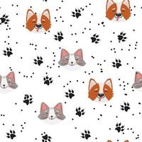 Haustiere nahtlos Muster mit Pfote Drucke, Hunde und Katzen Gesichter. süß Tiere Karikatur Illustrationen. vektor