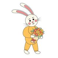 söt kanin pojke med bukett av blommor. påsk kanin. häftig retro karaktär. vektor