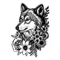 Wolf mit Blumen, Wolf Kopf, Wolf Blume tätowieren vektor