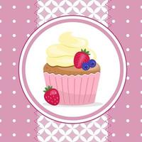 süß glücklich Geburtstag Karte mit ein Cupcake mit Kirschen und Blaubeeren. eben Stil Vektor Illustration