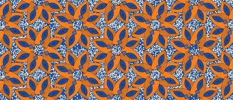 afrikanisch Wachs drucken Muster. nahtlos schön kitenge, chitenge, Niederländisch Wachs, und Angara Stil. geometrisch Formen Mode Design im bunt. Orange botanisch Blume auf Blau Hintergrund. afrikanisch Wachs drucken vektor