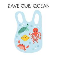 ledsen hav djur i plast väska. spara vår hav hand dragen text fras. hav förorening. tecknad serie vektor illustration.