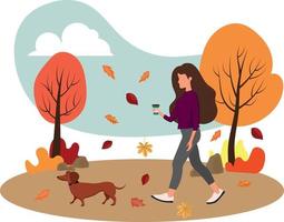 hoch Qualität Vektor Illustration. das Mädchen Spaziergänge mit das Hund. Herbst. Mädchen mit Kaffee.