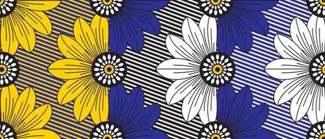 afrikanisch Wachs drucken Muster. nahtlos schön kitenge, chitenge, Niederländisch Wachs, und Angara Stil. Mode Design im bunt. Gelb, Blau, und Weiß botanisch Blumen. afrikanisch Wachs drucken Stoff. vektor