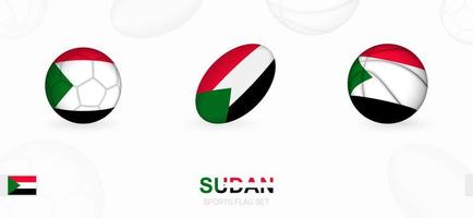 Sport Symbole zum Fußball, Rugby und Basketball mit das Flagge von Sudan. vektor