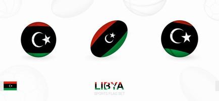 sporter ikoner för fotboll, rugby och basketboll med de flagga av libyen. vektor