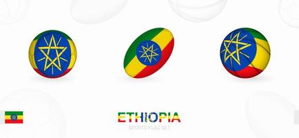 sporter ikoner för fotboll, rugby och basketboll med de flagga av etiopien. vektor
