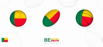 Sport Symbole zum Fußball, Rugby und Basketball mit das Flagge von Benin. vektor