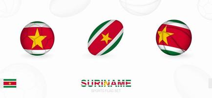 Sport Symbole zum Fußball, Rugby und Basketball mit das Flagge von Surinam. vektor