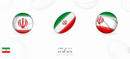 Sport Symbole zum Fußball, Rugby und Basketball mit das Flagge von Iran. vektor