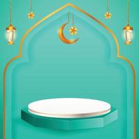 Islamische blaue und weiße Podium-themenorientierte islamische 3D-Produktanzeige mit Halbmond, Laterne und Stern für Ramadan vektor