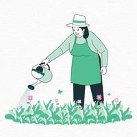 modern Illustration von ein Frau im ein Hut und Schürze Bewässerung Blume Garten vektor