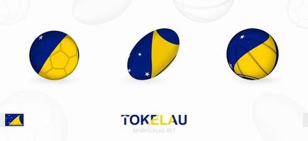 Sport Symbole zum Fußball, Rugby und Basketball mit das Flagge von Tokelau. vektor
