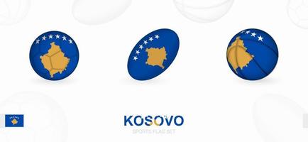 Sport Symbole zum Fußball, Rugby und Basketball mit das Flagge von Kosovo. vektor