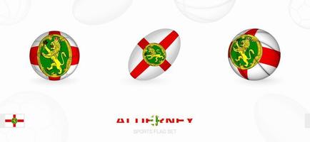 sporter ikoner för fotboll, rugby och basketboll med de flagga av alderney. vektor