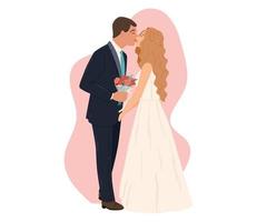 ung kissing par i kärlek, brudgum i kostym och brud i klänning. vektor platt kvinna och man på bröllop ceremoni.