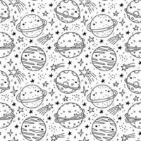 süß nahtlos Muster mit kawaii Planeten und Sterne auf Weiß Hintergrund. Vektor handgemalt Illustration im Gekritzel Stil. perfekt zum drucken, Dekorationen, Verpackung Papier, Hintergrund.