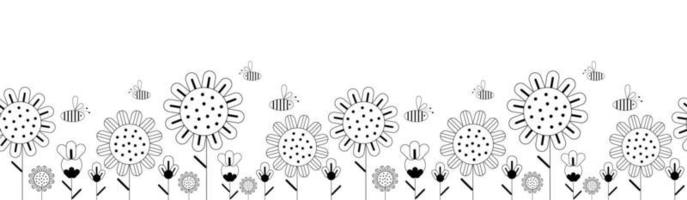 Grafik schwarz Blumen und Bienen Vektor nahtlos lange Hintergrund oder Banner isoliert auf Weiß Hintergrund.