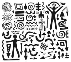 groß einstellen Primitive ethnisch Ornamente, Petroglyphen. Pfeile, Linien, Kreise. Muster, Spiral- Zeichnung von uralt Stamm, Stein Alter. Design Element zum Textilien, Papier, Stoffe, Postkarte. Vektor Illustration