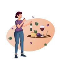 ein jung Frau ist testen Wein und halten ein Glas und Flasche von Wein. Trauben, Käse, Kork, Korkenzieher. Vektor