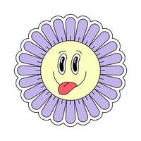 hippie häftig kamomill smiley karaktär Bra vibrafon. retro daisy blomma huvud maskot visar tunga. positiv nostalgisk årgång tecknad serie stil växt. trendig y2y pop- kultur blommig vektor eps design