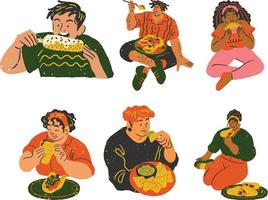 einstellen von Menschen Essen schnell Lebensmittel. bunt Vektor Illustration im Karikatur Stil.