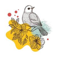 Nachtigall auf Hibiskus Collage skizziert Vogel Verpackung Kunst vektor