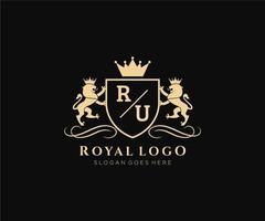 första ru brev lejon kunglig lyx heraldisk, vapen logotyp mall i vektor konst för restaurang, kungligheter, boutique, Kafé, hotell, heraldisk, Smycken, mode och Övrig vektor illustration.