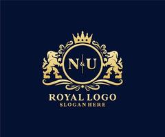 första nu brev lejon kunglig lyx logotyp mall i vektor konst för restaurang, kungligheter, boutique, Kafé, hotell, heraldisk, Smycken, mode och Övrig vektor illustration.
