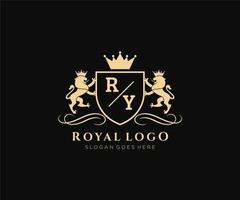 första ry brev lejon kunglig lyx heraldisk, vapen logotyp mall i vektor konst för restaurang, kungligheter, boutique, Kafé, hotell, heraldisk, Smycken, mode och Övrig vektor illustration.