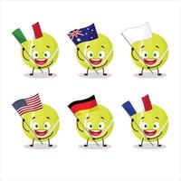 tennis boll tecknad serie karaktär föra de flaggor av olika länder vektor