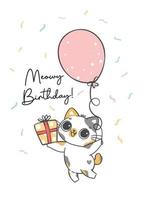 söt rolig födelsedag kalikå kattunge katt håll ballong och närvarande, mjau födelsedag, glad sällskapsdjur djur- tecknad serie klotter karaktär teckning vektor