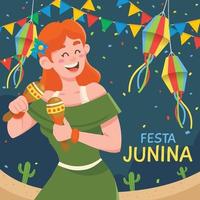 festa junina mit frau, die maracas auf festival spielt vektor