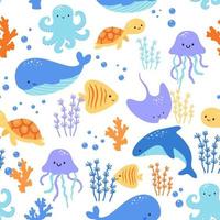 barnslig sömlös mönster med hav djur på vit bakgrund. söt marin under vattnet fauna med sköldpadda, val och manet. ändlös design. färgrik platt tecknad serie vektor tecken