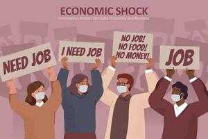 arbeitslos Menschen mit Gesicht Masken halten Protest Zeichen und fragen zum Arbeitsplätze, Konzept von entlassen und Arbeitslosigkeit verursacht durch covid-19 Pandemie vektor