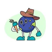 Jahrgang glücklich süß Erde Planet Charakter Maskottchen tragen ein Cowboy Hut und halten ein Karotte. Vektor Illustration