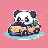 panda körning en bil med en rosa bakgrund vektor